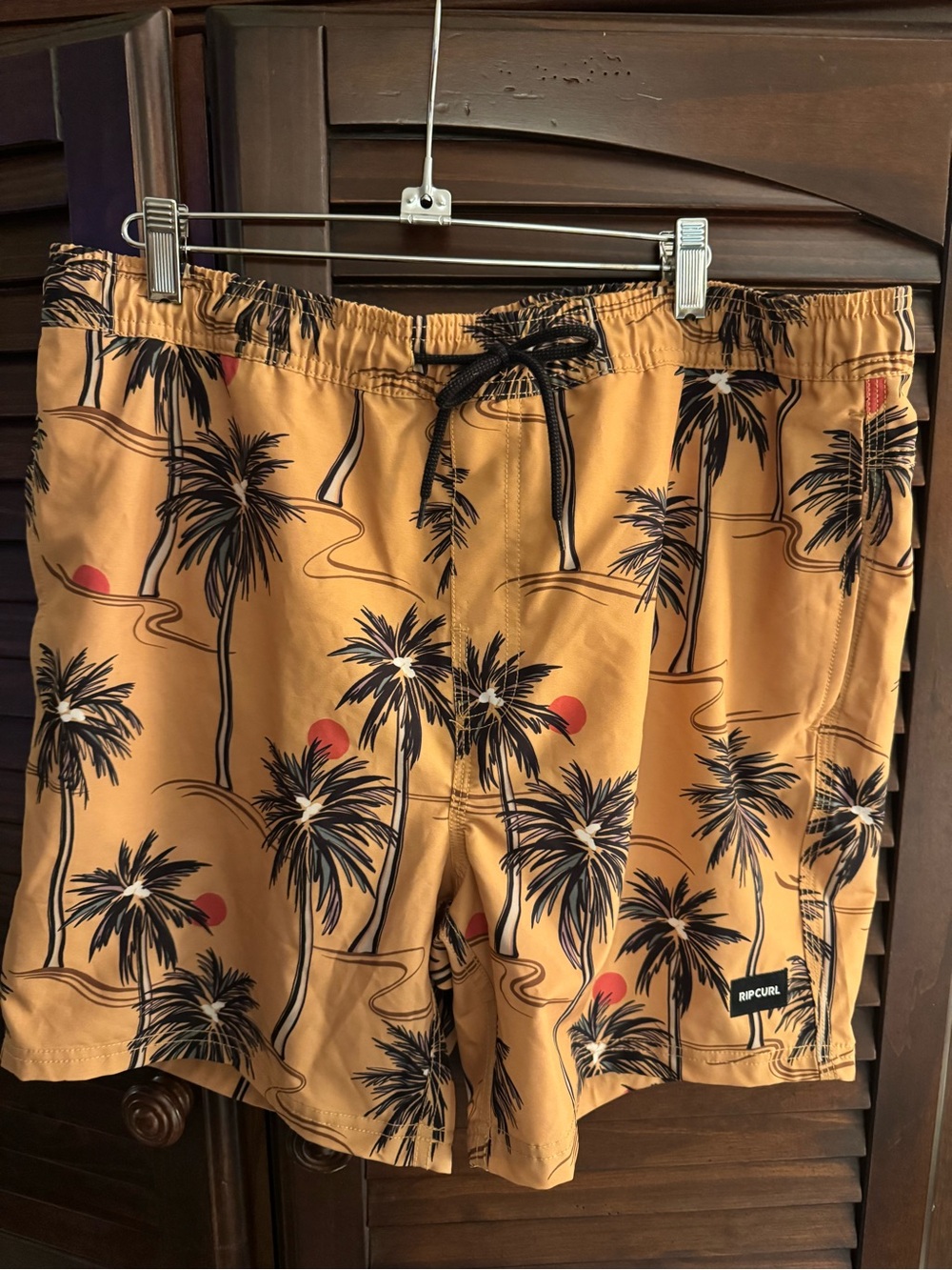 Rip Curl Mens XL Swim Shorts Board Mustard Elastic Waist 17" Length palm trees